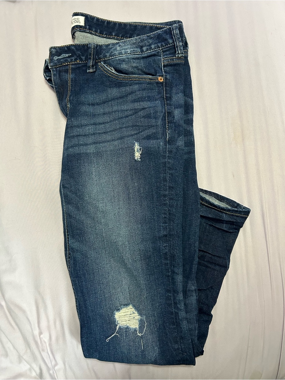 Express Women's Modern Boyfriend Jeans - Dark Blue with Distressed Knee